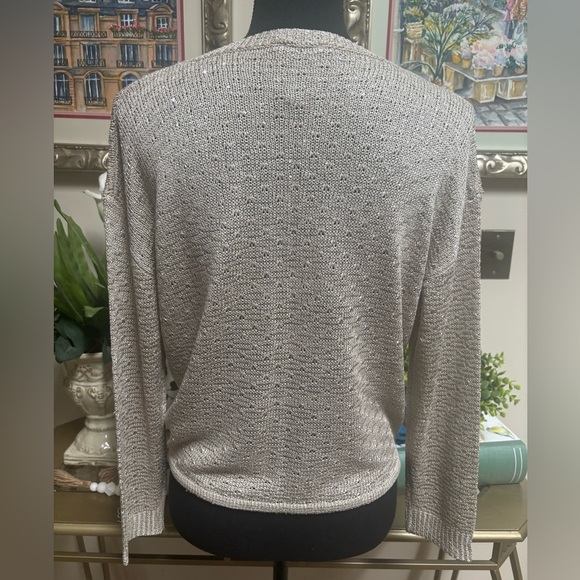 SIONI Shimmering Sparkling Cream Lightweight Tie Front Crochet Sweater Top SZ M - Picture 2 of 10